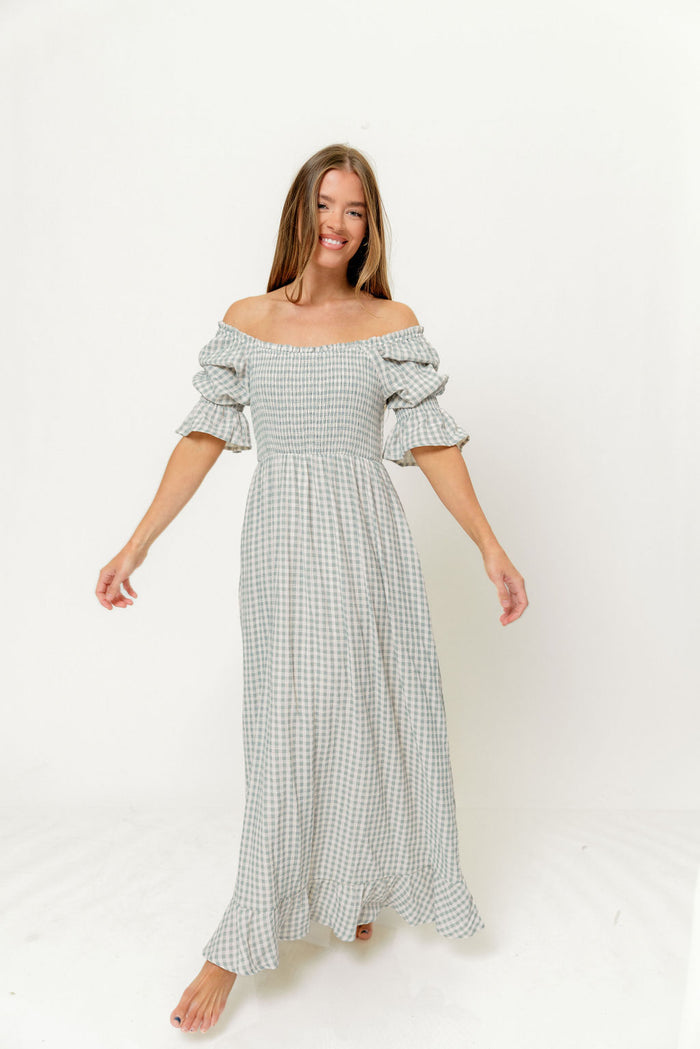 Sienna 100% Cotton Puff Sleeve Maxi Dress in Light Indigo Plaid (Lined) - Bump Friendly