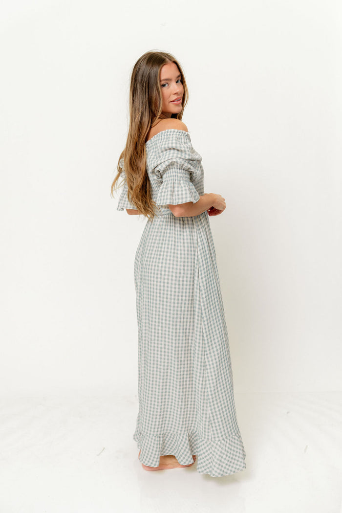 Sienna 100% Cotton Puff Sleeve Maxi Dress in Light Indigo Plaid (Lined) - Bump Friendly