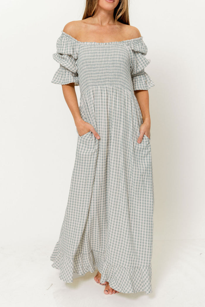 Sienna 100% Cotton Puff Sleeve Maxi Dress in Light Indigo Plaid (Lined) - Bump Friendly