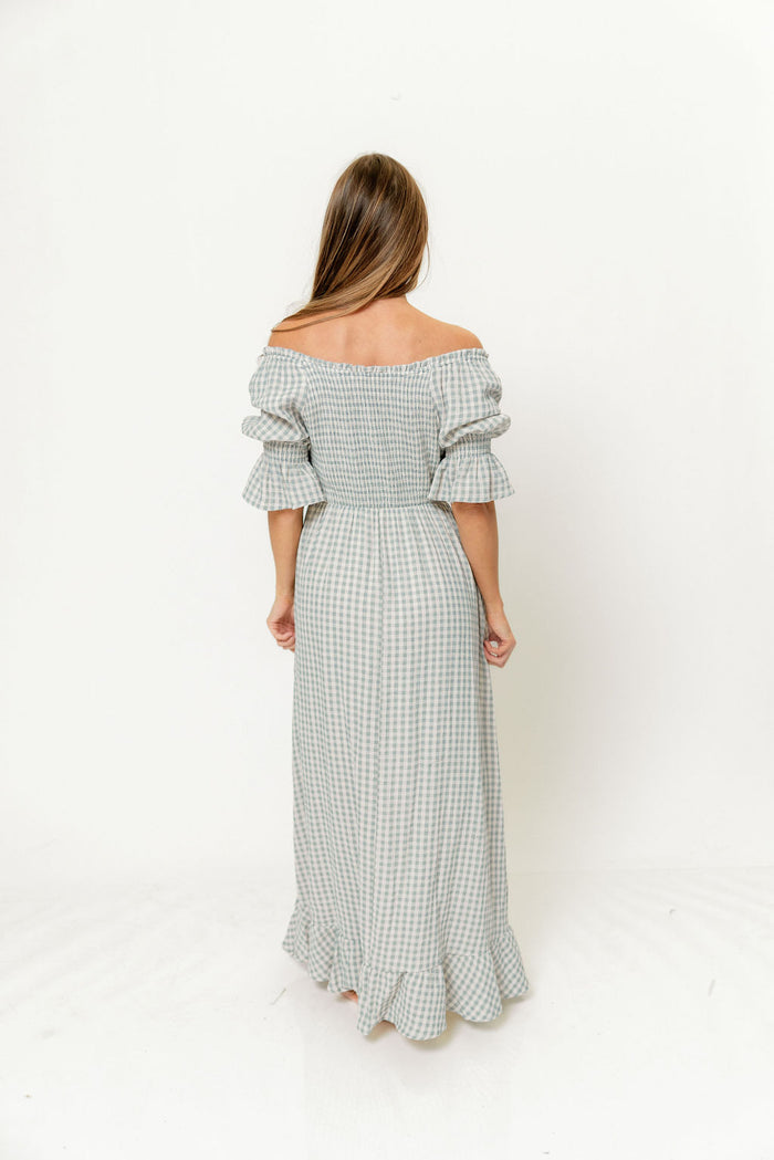 Sienna 100% Cotton Puff Sleeve Maxi Dress in Light Indigo Plaid (Lined) - Bump Friendly