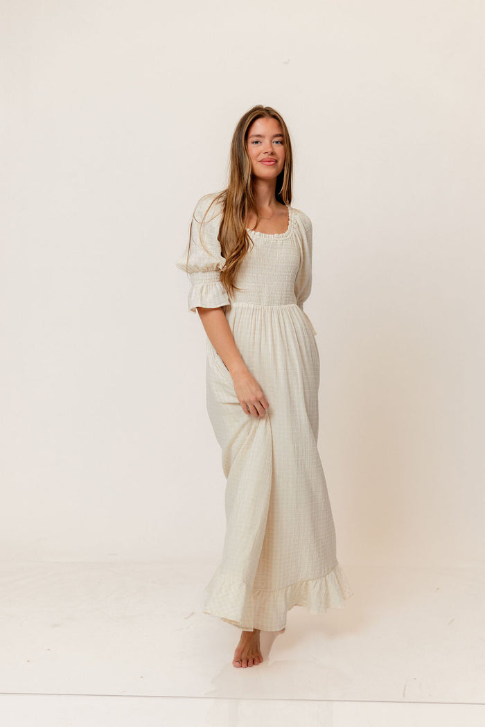 Sienna 100% Cotton Puff Sleeve Maxi Dress in Mute Pale Pink Plaid (Lined) - Bump Friendly
