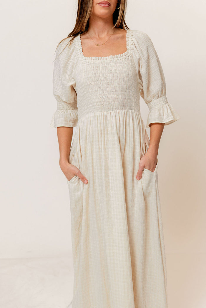 Sienna 100% Cotton Puff Sleeve Maxi Dress in Mute Pale Pink Plaid (Lined) - Bump Friendly