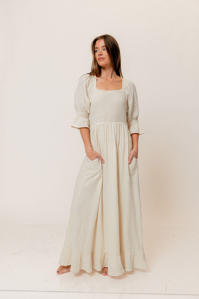 Sienna 100% Cotton Puff Sleeve Maxi Dress in Mute Pale Pink Plaid (Lined) - Bump Friendly
