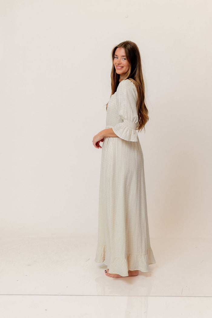Sienna 100% Cotton Puff Sleeve Maxi Dress in Mute Pale Pink Plaid (Lined) - Bump Friendly