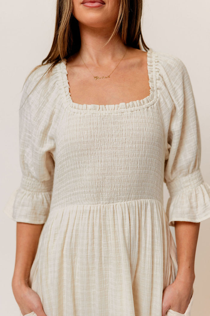 Sienna 100% Cotton Puff Sleeve Maxi Dress in Mute Pale Pink Plaid (Lined) - Bump Friendly
