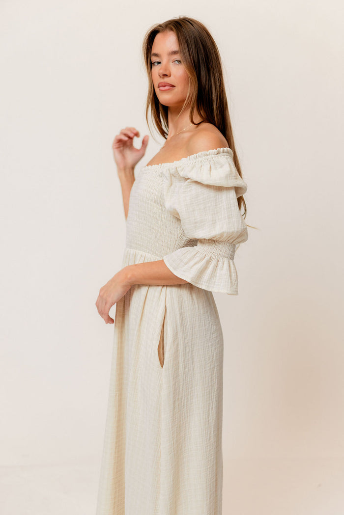 Sienna 100% Cotton Puff Sleeve Maxi Dress in Mute Pale Pink Plaid (Lined) - Bump Friendly
