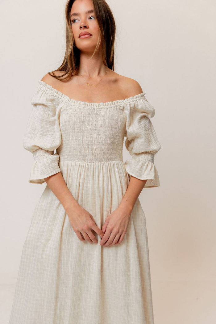 Sienna 100% Cotton Puff Sleeve Maxi Dress in Mute Pale Pink Plaid (Lined) - Bump Friendly
