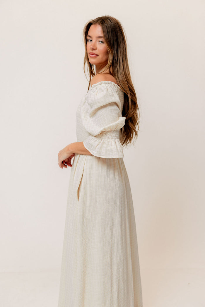 Sienna 100% Cotton Puff Sleeve Maxi Dress in Mute Pale Pink Plaid (Lined) - Bump Friendly