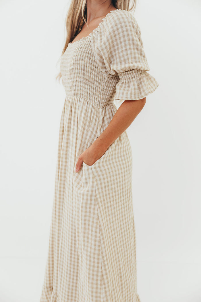 Sienna 100% Cotton Puff Sleeve Maxi Dress in Natural Plaid - Bump Friendly *8/28 PRE-ORDER*