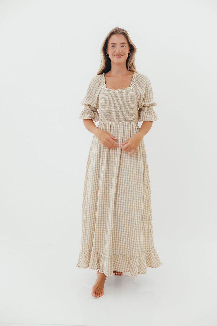 Sienna 100% Cotton Puff Sleeve Maxi Dress in Natural Plaid - Bump Friendly *8/28 PRE-ORDER*