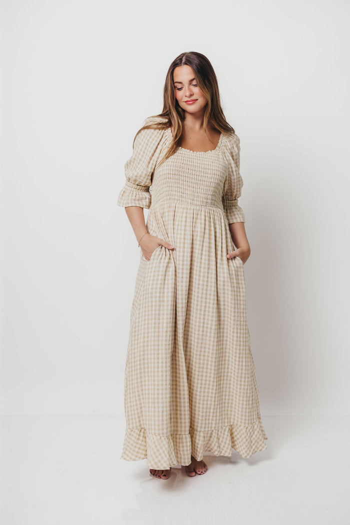 Sienna 100% Cotton Puff Sleeve Maxi Dress in Natural Plaid - Bump Friendly *8/28 PRE-ORDER*