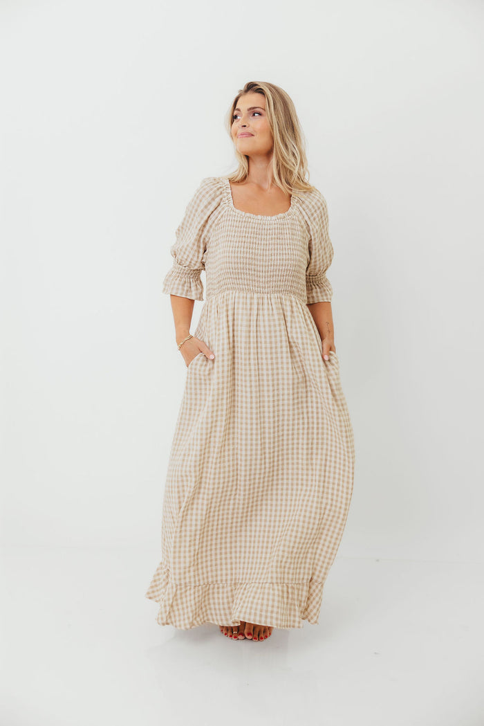 Sienna 100% Cotton Puff Sleeve Maxi Dress in Natural Plaid - Bump Friendly *8/28 PRE-ORDER*