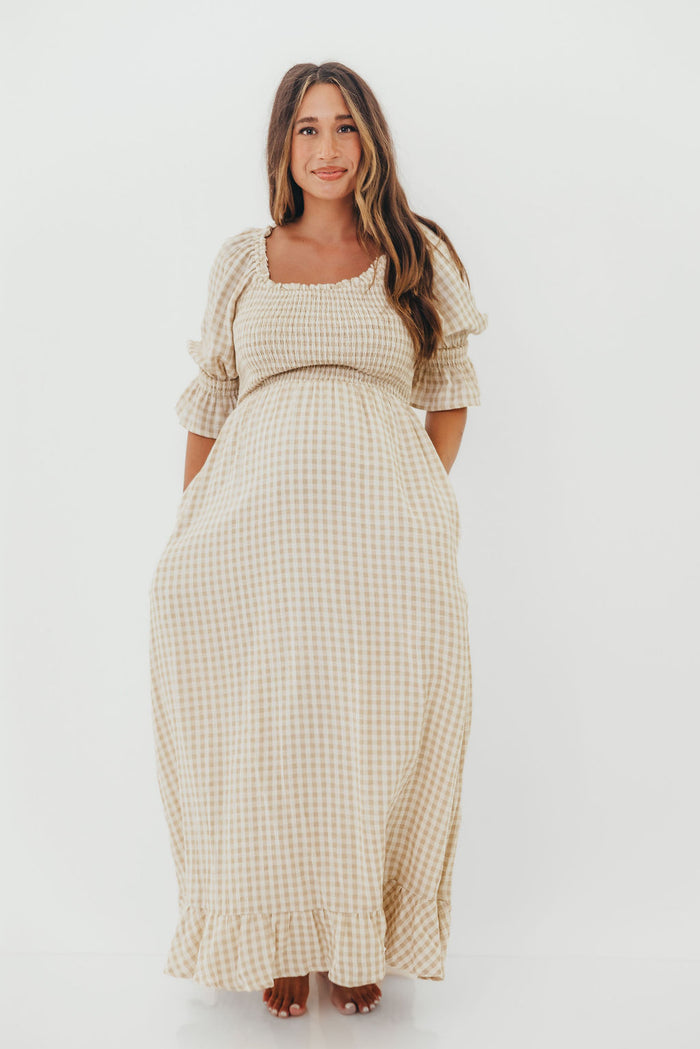Sienna 100% Cotton Puff Sleeve Maxi Dress in Natural Plaid - Bump Friendly *8/28 PRE-ORDER*