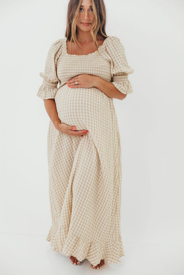 Sienna 100% Cotton Puff Sleeve Maxi Dress in Natural Plaid - Bump Friendly *8/28 PRE-ORDER*