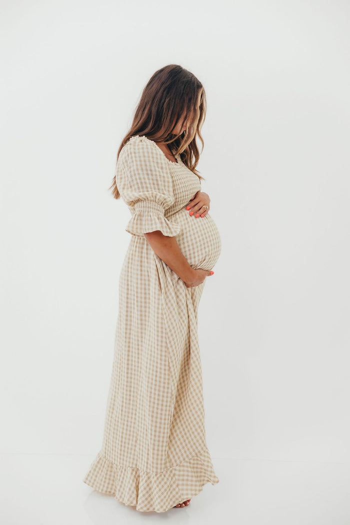Sienna 100% Cotton Puff Sleeve Maxi Dress in Natural Plaid - Bump Friendly *8/28 PRE-ORDER*