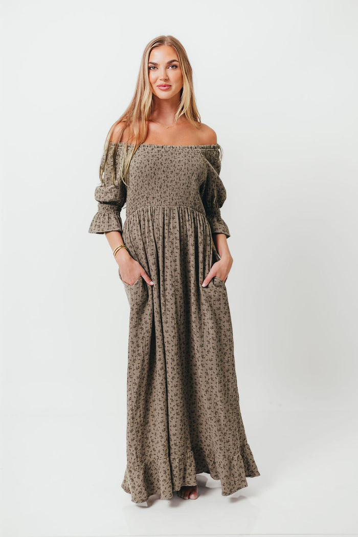 Sienna 100% Cotton Puff Sleeve Maxi Dress in Olive Foliage - Bump Friendly *8/28 PRE-ORDER*