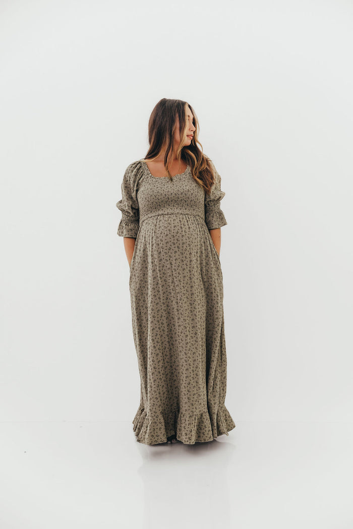 Sienna 100% Cotton Puff Sleeve Maxi Dress in Olive Foliage - Bump Friendly *8/28 PRE-ORDER*