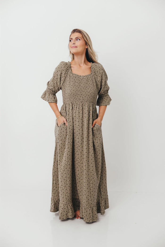 Sienna 100% Cotton Puff Sleeve Maxi Dress in Olive Foliage - Bump Friendly *8/28 PRE-ORDER*