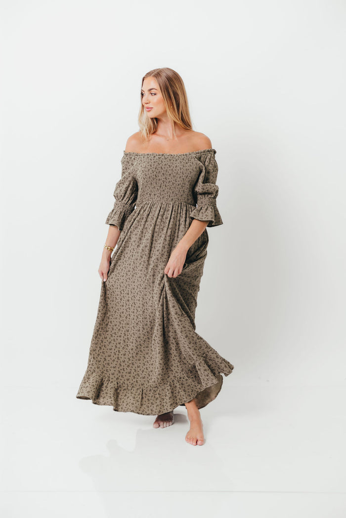 Sienna 100% Cotton Puff Sleeve Maxi Dress in Olive Foliage - Bump Friendly *8/28 PRE-ORDER*