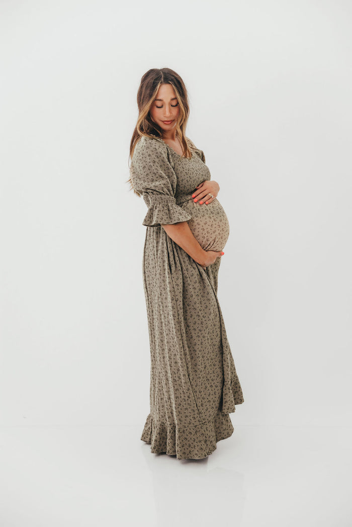 Sienna 100% Cotton Puff Sleeve Maxi Dress in Olive Foliage - Bump Friendly *8/28 PRE-ORDER*
