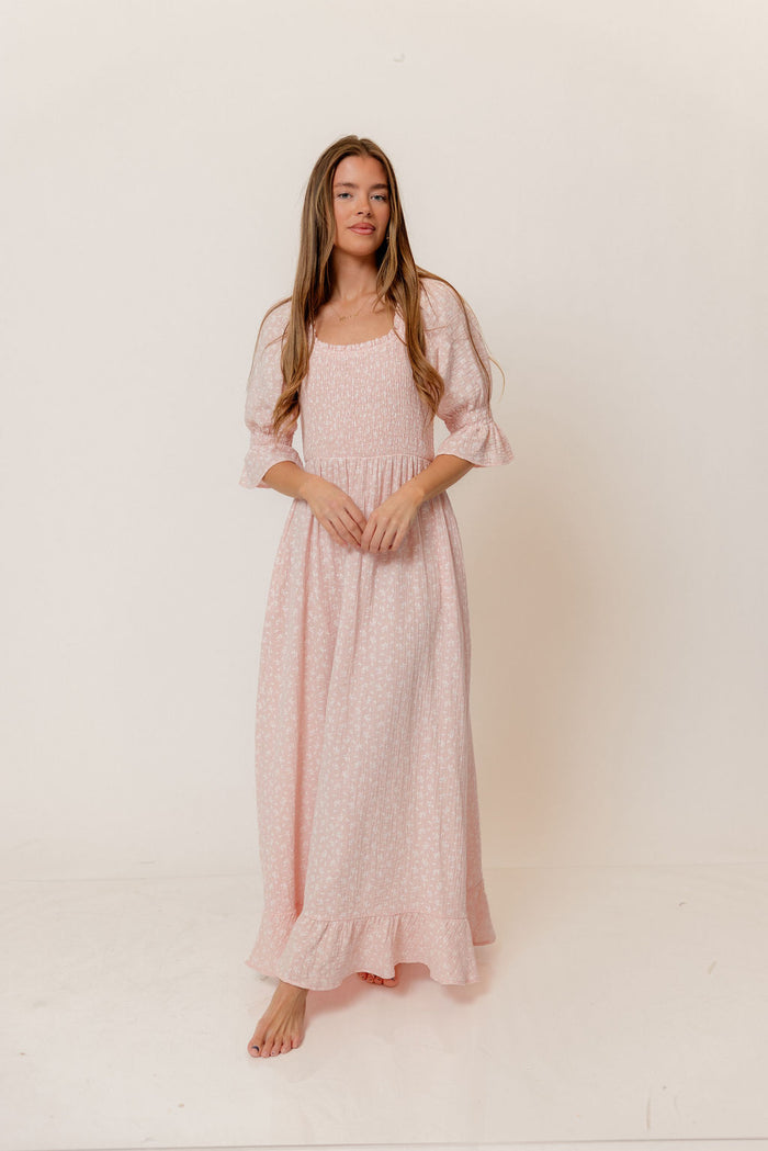 Sienna 100% Cotton Puff Sleeve Maxi Dress in Pale Pink Foliage - Bump Friendly