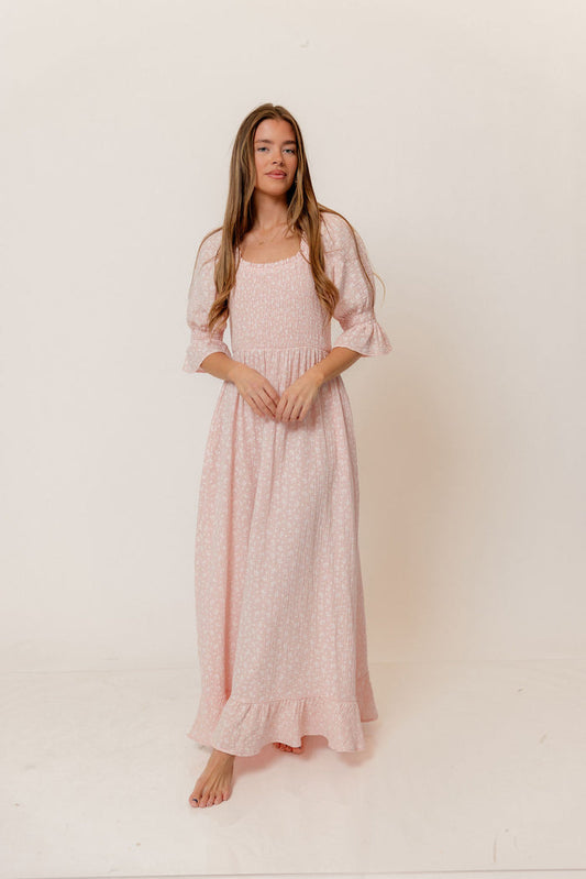 Sienna 100% Cotton Puff Sleeve Maxi Dress in Pale Pink Foliage - Bump Friendly