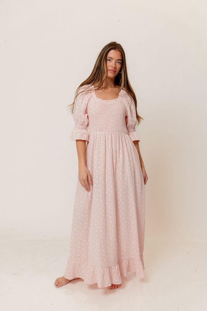 Sienna 100% Cotton Puff Sleeve Maxi Dress in Pale Pink Foliage - Bump Friendly