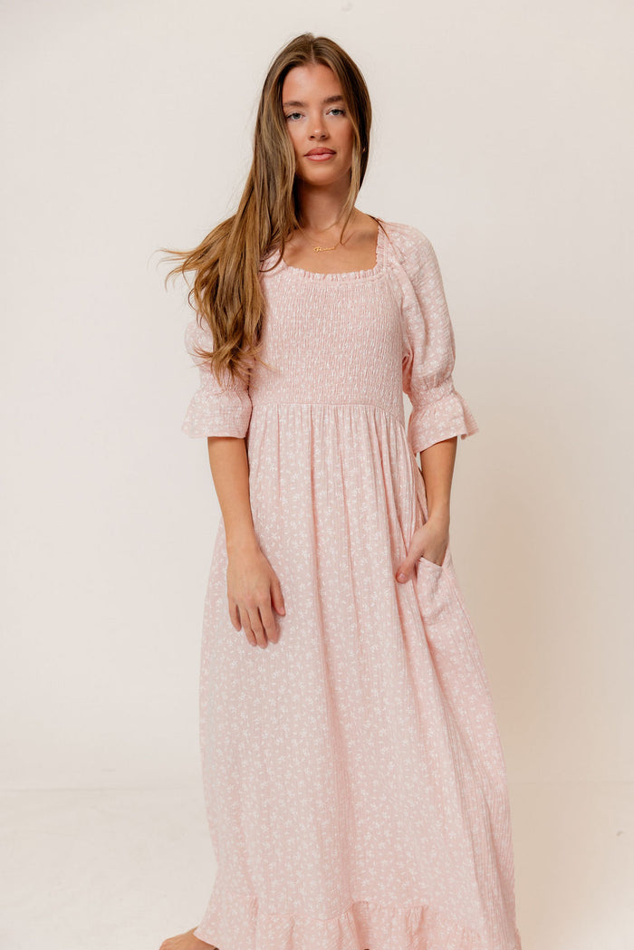 Sienna 100% Cotton Puff Sleeve Maxi Dress in Pale Pink Foliage - Bump Friendly