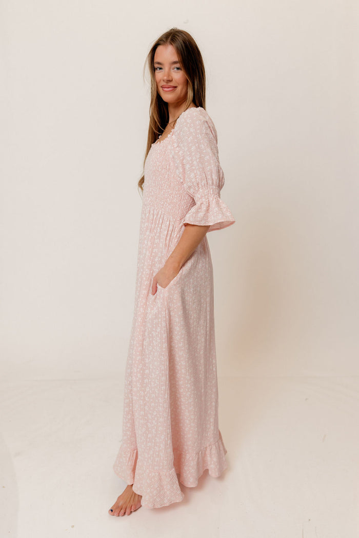 Sienna 100% Cotton Puff Sleeve Maxi Dress in Pale Pink Foliage - Bump Friendly