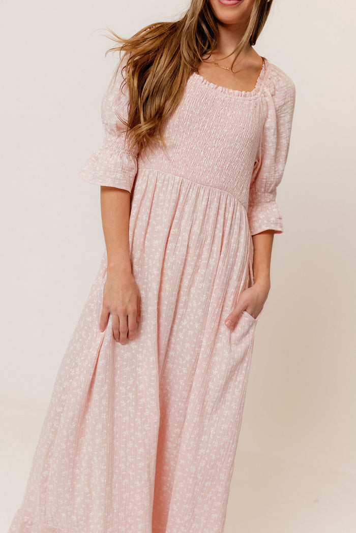 Sienna 100% Cotton Puff Sleeve Maxi Dress in Pale Pink Foliage - Bump Friendly