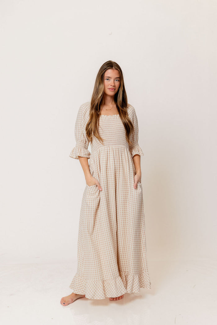 Sienna 100% Cotton Puff Sleeve Maxi Dress in Rose Plaid (Lined) - Bump Friendly