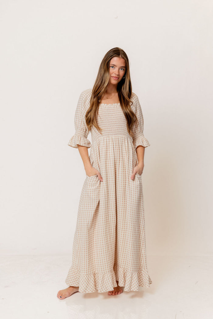 Sienna 100% Cotton Puff Sleeve Maxi Dress in Rose Plaid (Lined) - Bump Friendly