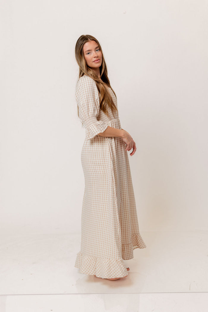 Sienna 100% Cotton Puff Sleeve Maxi Dress in Rose Plaid (Lined) - Bump Friendly