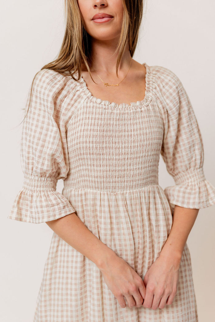 Sienna 100% Cotton Puff Sleeve Maxi Dress in Rose Plaid (Lined) - Bump Friendly