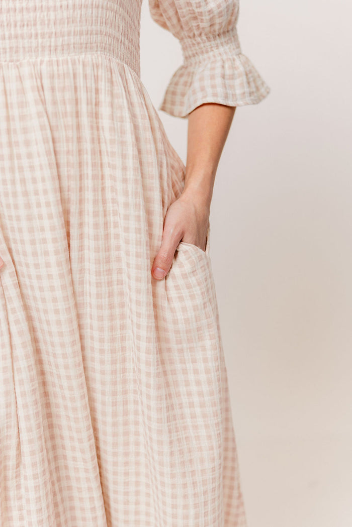 Sienna 100% Cotton Puff Sleeve Maxi Dress in Rose Plaid (Lined) - Bump Friendly