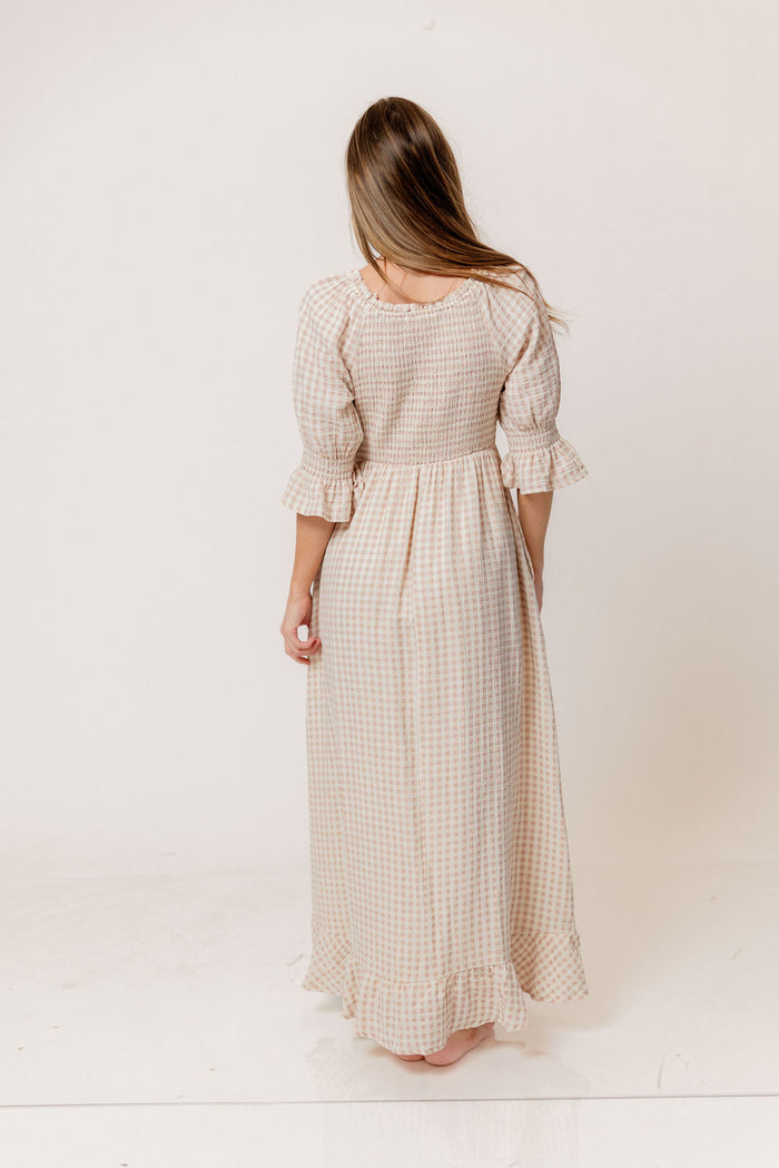 Sienna 100% Cotton Puff Sleeve Maxi Dress in Rose Plaid (Lined) - Bump Friendly