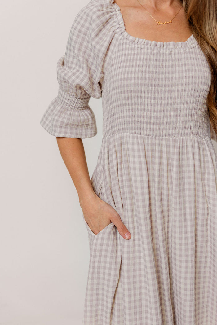 Sienna 100% Cotton Puff Sleeve Maxi Dress in Wisteria Plaid (Lined) - Bump Friendly