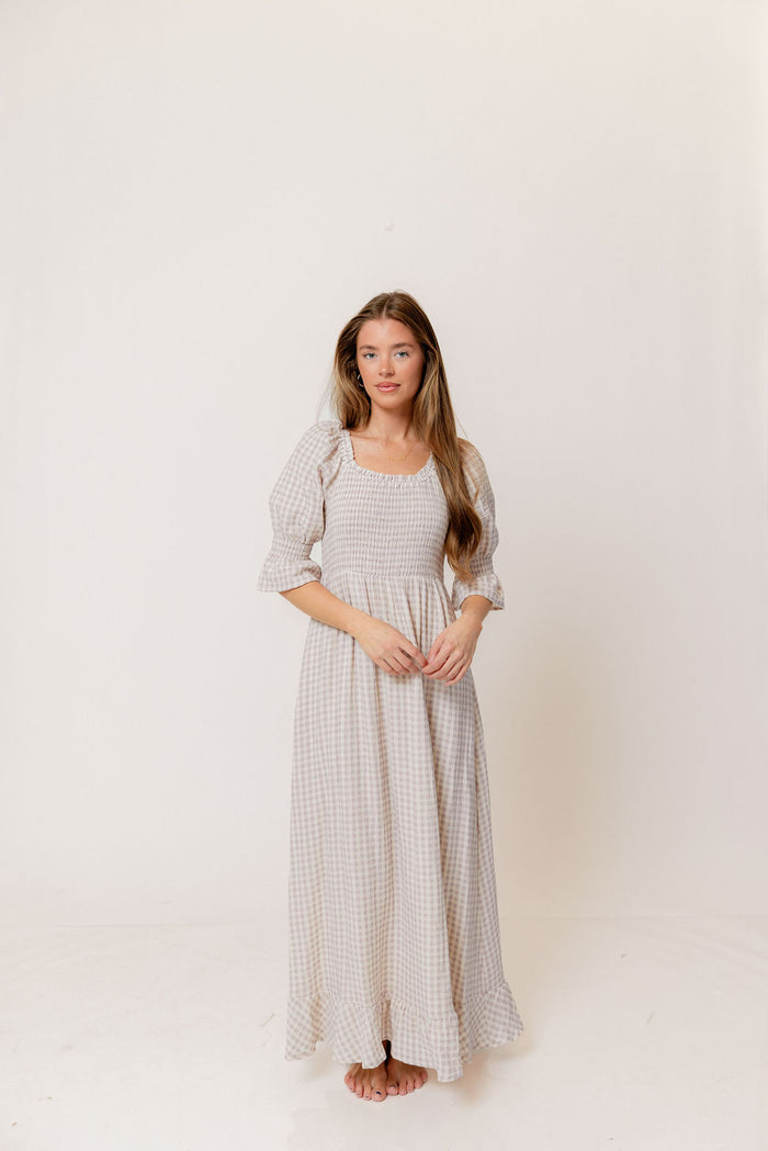 Sienna 100% Cotton Puff Sleeve Maxi Dress in Wisteria Plaid (Lined) - Bump Friendly