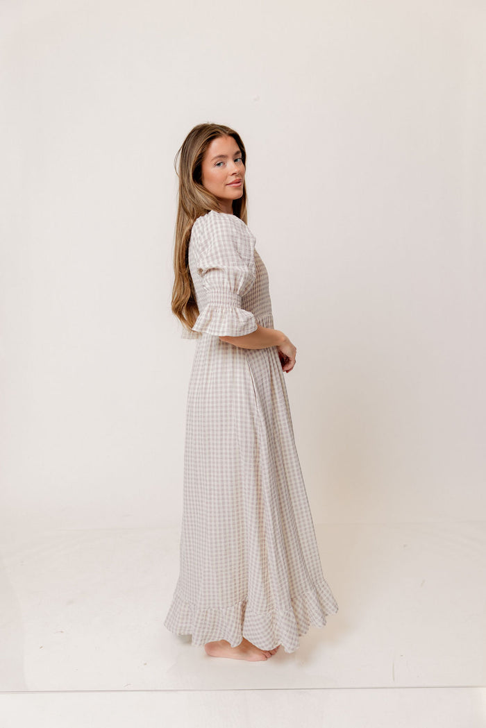 Sienna 100% Cotton Puff Sleeve Maxi Dress in Wisteria Plaid (Lined) - Bump Friendly