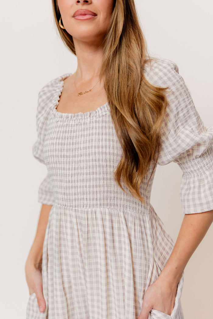 Sienna 100% Cotton Puff Sleeve Maxi Dress in Wisteria Plaid (Lined) - Bump Friendly