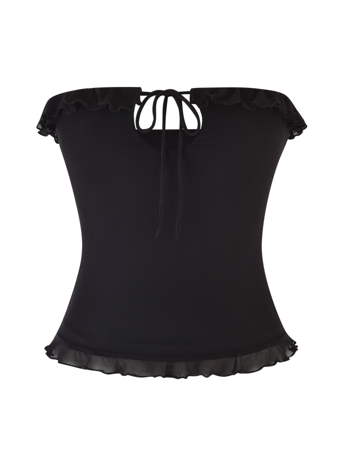 The SIERA TOP - BLACK by TIGERMIST is a strapless, off-shoulder black top with a ruffled neckline, front tie detail, sheer ruffled hem, and bodycon fit that highlights your silhouette for a chic look.