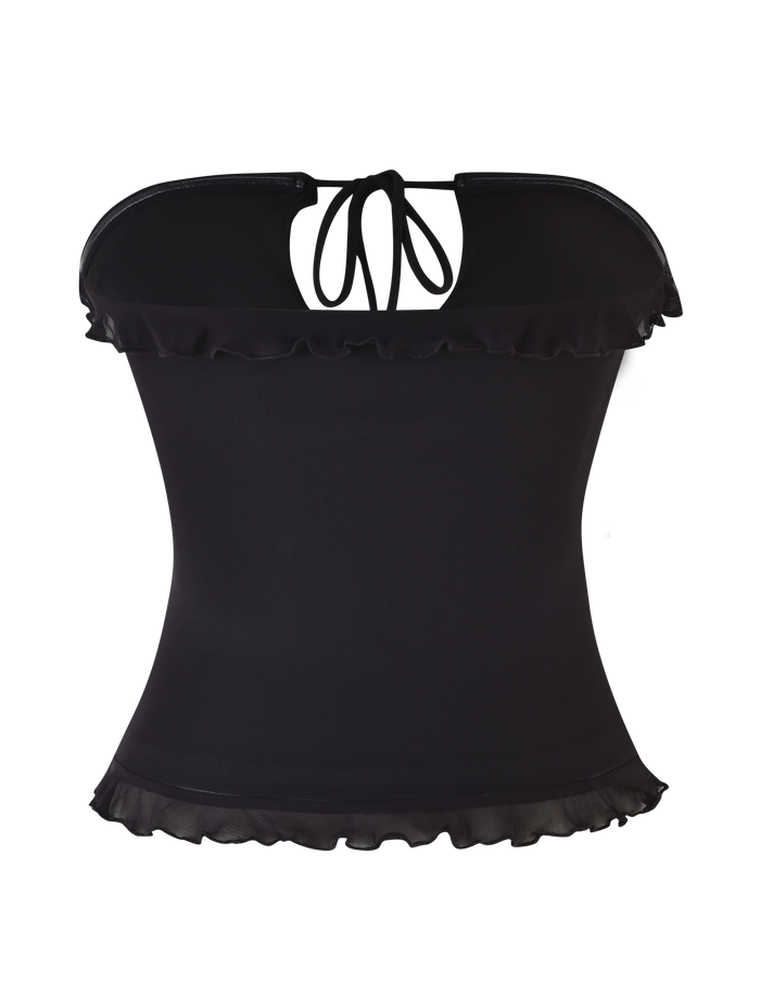The SIERA TOP - BLACK by TIGERMIST is a strapless, bodycon-fit top with ruffled trim on the edges and a thin back-neck tie for a chic, flattering look.