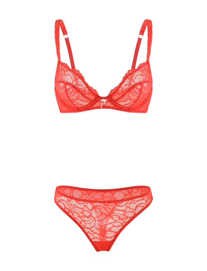 The SIRENE SET 2.0 - RED by TIGERMIST is a red lace lingerie set with a bra featuring adjustable straps and a center bow, plus matching lace panties, shown on a white background.