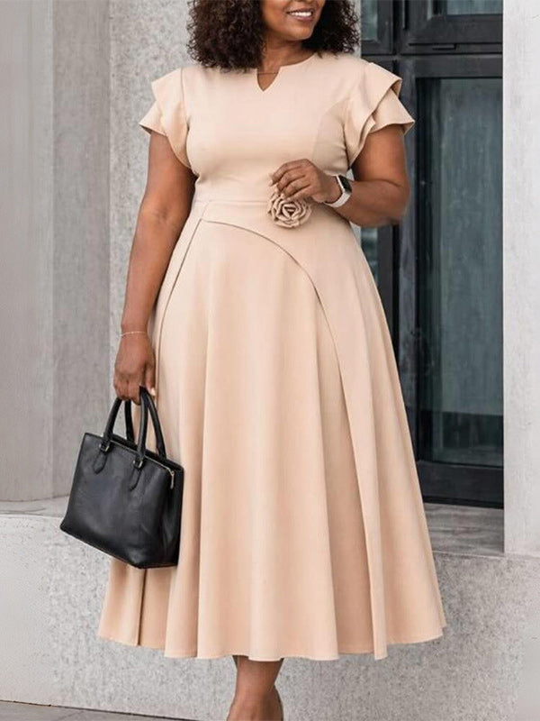 Solid 3D Floral Midi Dress
