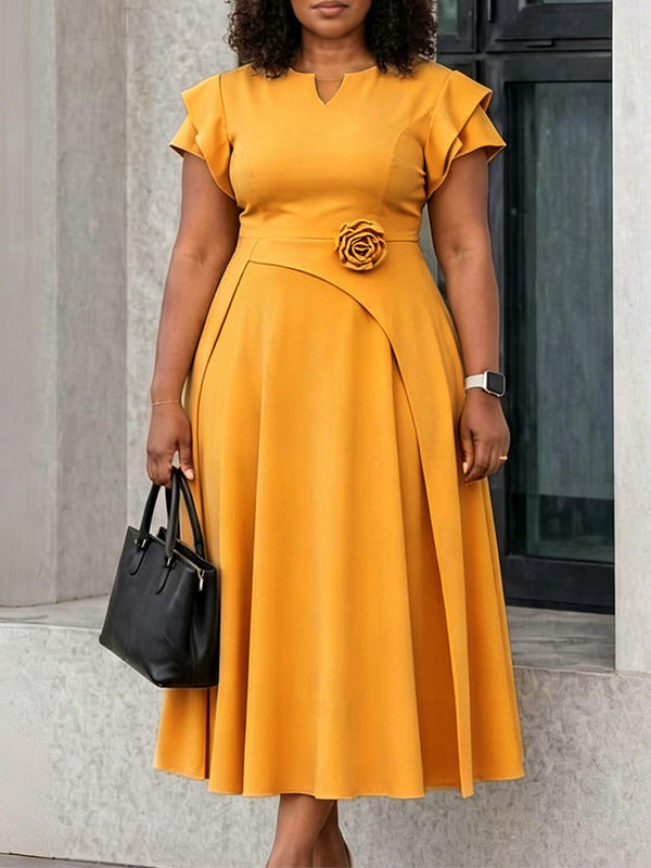 Solid 3D Floral Midi Dress