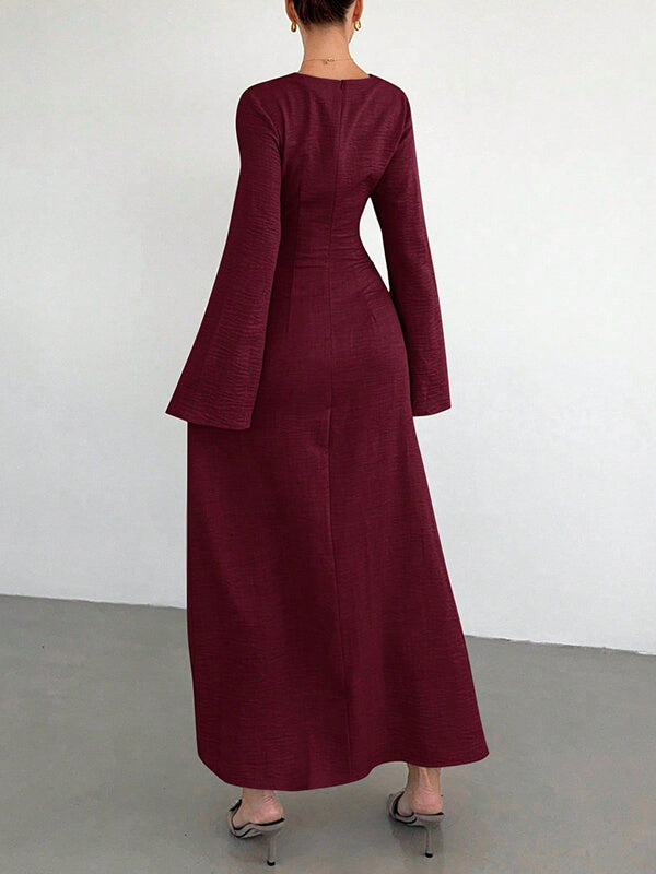 Solid Bell-Sleeve Ruched Dress
