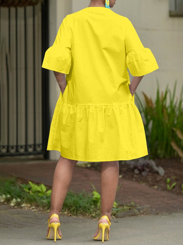 Solid Bell-Sleeve Shirt Dress--Clearance