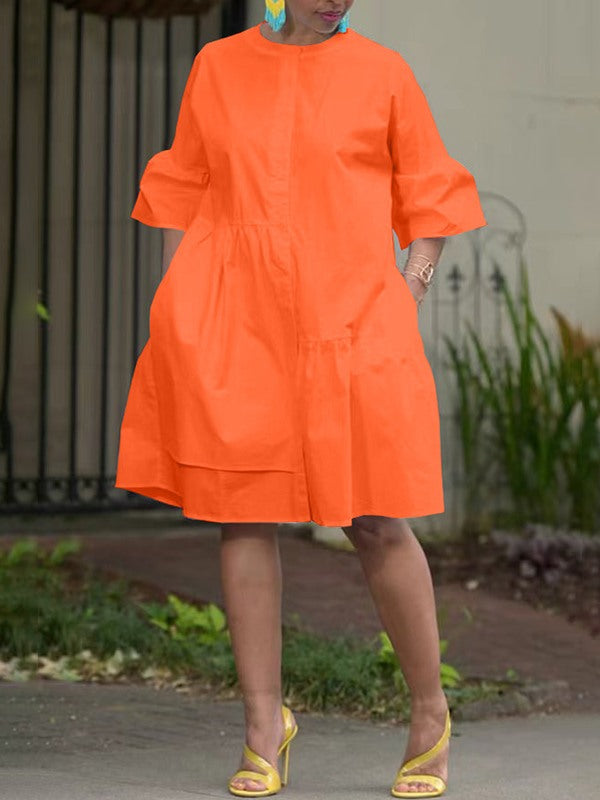 Solid Bell-Sleeve Shirt Dress--Clearance