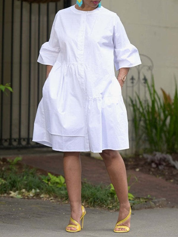 Solid Bell-Sleeve Shirt Dress--Clearance