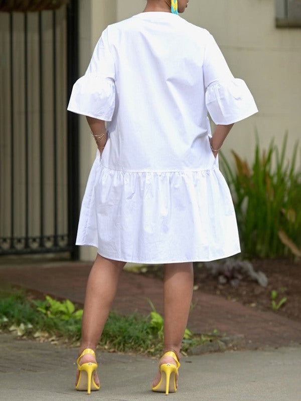 Solid Bell-Sleeve Shirt Dress--Clearance